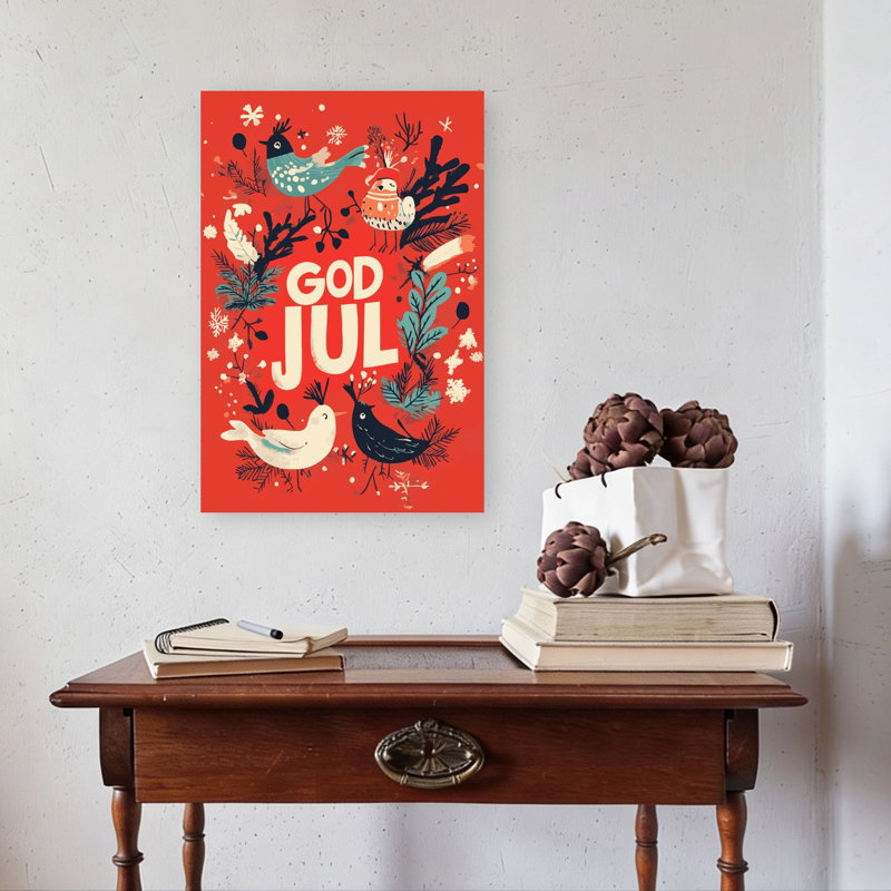 God Jul Festive Birds Whimsical Abstract Bird Nature Winter Wall Art Print 1 Piece Wrapped Canvas Wall Art