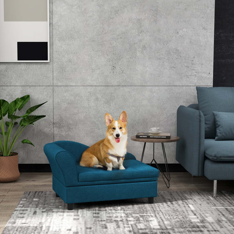 Canapé pour animaux de compagnie, canapé pour chien, lit surélevé pour petits et moyens chiens, avec rangement caché, Bleu