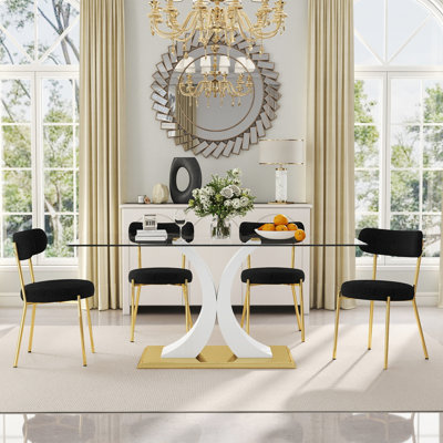 Ensemble de salle à manger moderne en verre, table en C trempé et 4/6 chaises en peluche pour la salle à manger et la cuisine