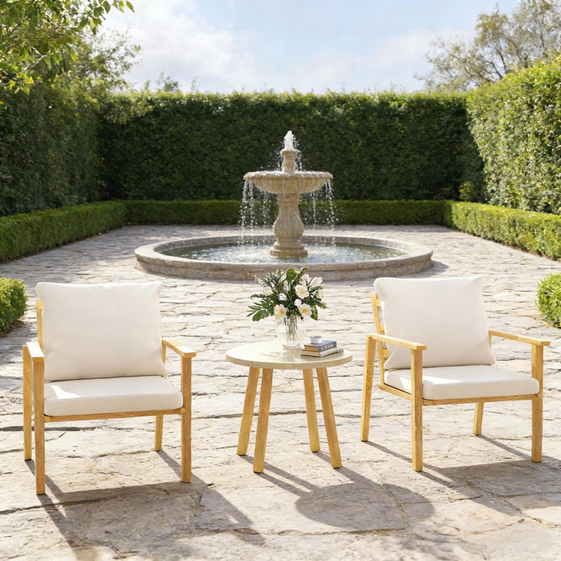 Ensemble bistro de style nordique 3 pièces avec fauteuils confortables et table ronde en acier, parfait pour les petits espaces extérieurs