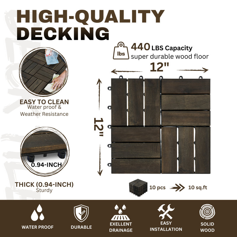 Carreaux de terrasse en bois d'acacia imbriqués brun foncé 12 po x 12 po (30 pièces) - Motif damier