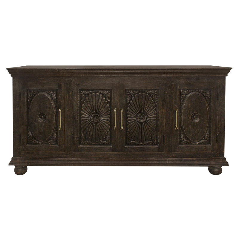 Buffet 4 portes Athena noir antique avec sculpture traditionnelle sur bois massif