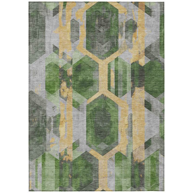 Tapis intérieur lavable à motif géométrique or vert 3 pi x 5 pi