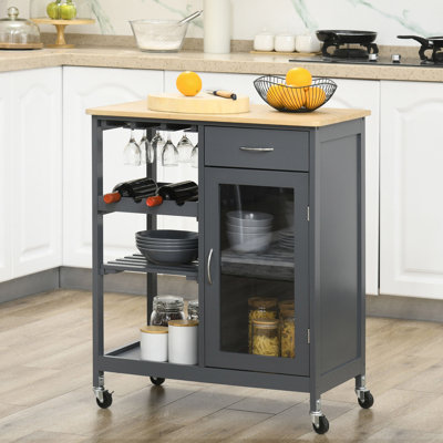 Rolling Kitchen Island With Storage, Kitchen Cart With 4-Bottle Wine Rack, Bar Cart With Stemware Holder, Shelves, Drawer And Cabinet, Gray