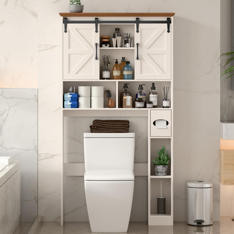 Over The Toilet Storage Cabinet,Farmhouse Space-Saving Toilet Rack With 2 Sliding Barn Doors, White/Brown