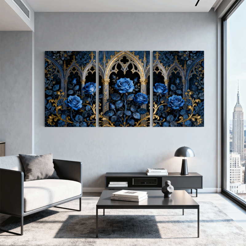 Plantes et fleurs, roses bleues, arche gothique, ensemble de 3 impressions sur toile, H 18 po x l 12 po