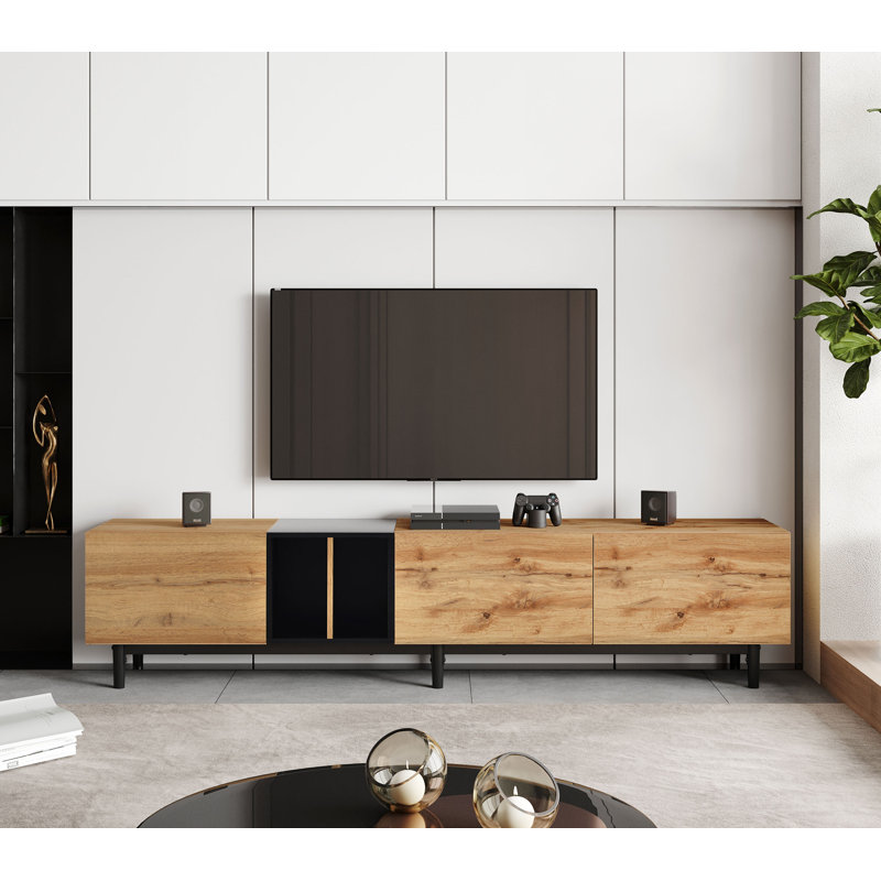 Meuble télé moderne pour téléviseur de 80 po avec 3 portes, console média, centre de divertissement avec grand meuble de rangement pour le salon et la chambre à coucher