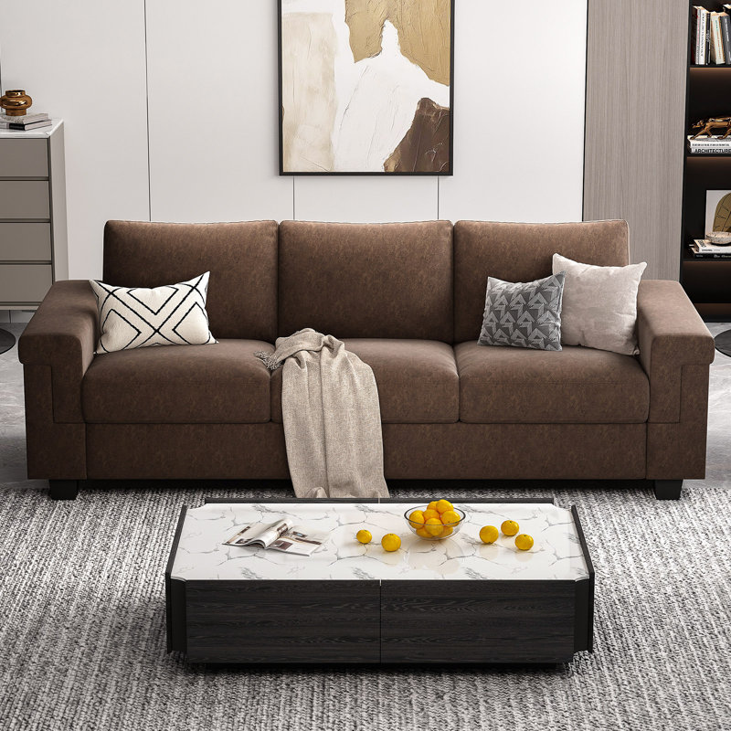 Canapé en polyester à accoudoirs carrés Dereon, Brun, H 32,7 po x l 90 po x P 35 po