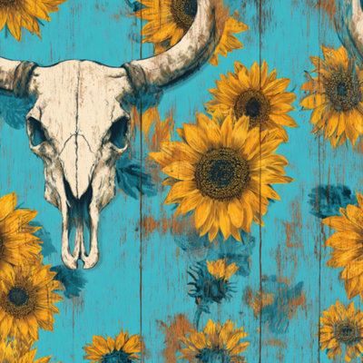 Papier peint adhésif auto-adhésif amovible en forme de crâne de taureau rustique tournesol en bois de turquoise décoloré pour armoires de cuisine de chambre à coucher 17,7 po x 118 po