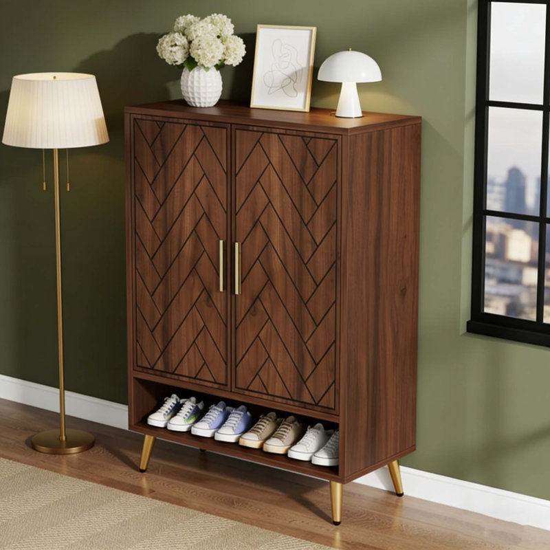 Armoire de rangement pour chaussures 20 paires avec portes à persiennes, Noyer