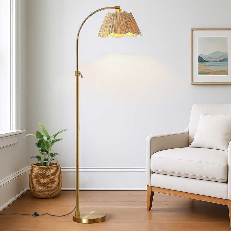 Lampe sur pied arquée 64 po ajustable dorée avec abat-jour boho tissé à la main, lampe de lecture rotative, assemblage facile et ampoule DEL E26 incluse