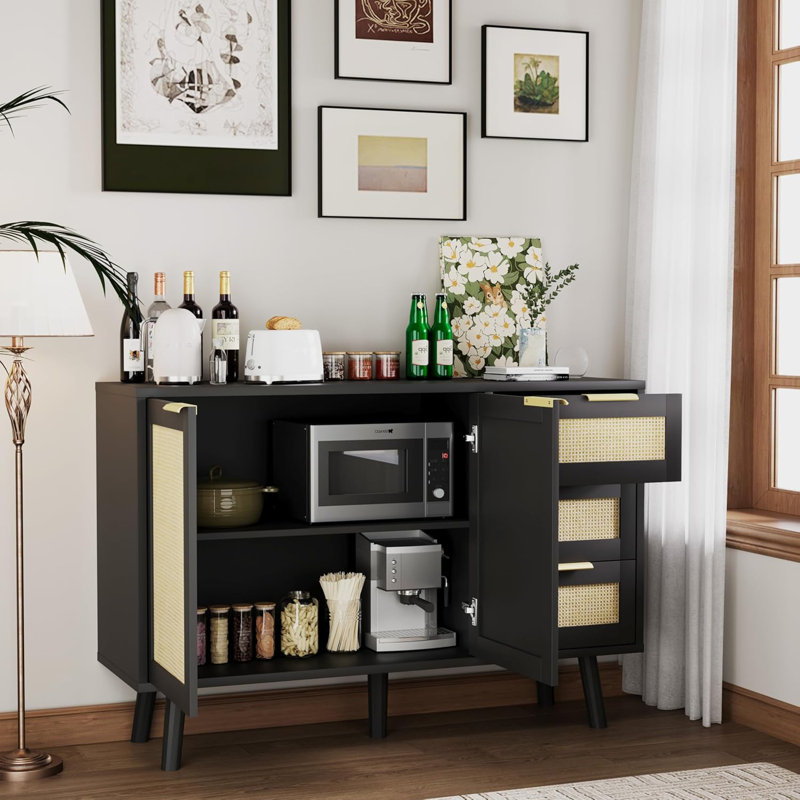 Buffet - Buffet de cuisine en rotin avec 2 portes et 3 tablettes, buffet avec rangement, buffet d'appoint en rotin pour cuisine, salle à manger, couloir, console