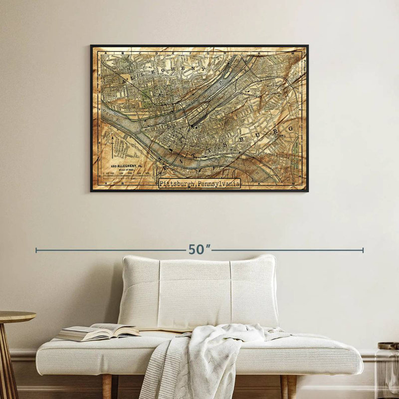 Carte rétro de la ville de Pittsburgh, Cadre flottant noir, 40 po x 27 po