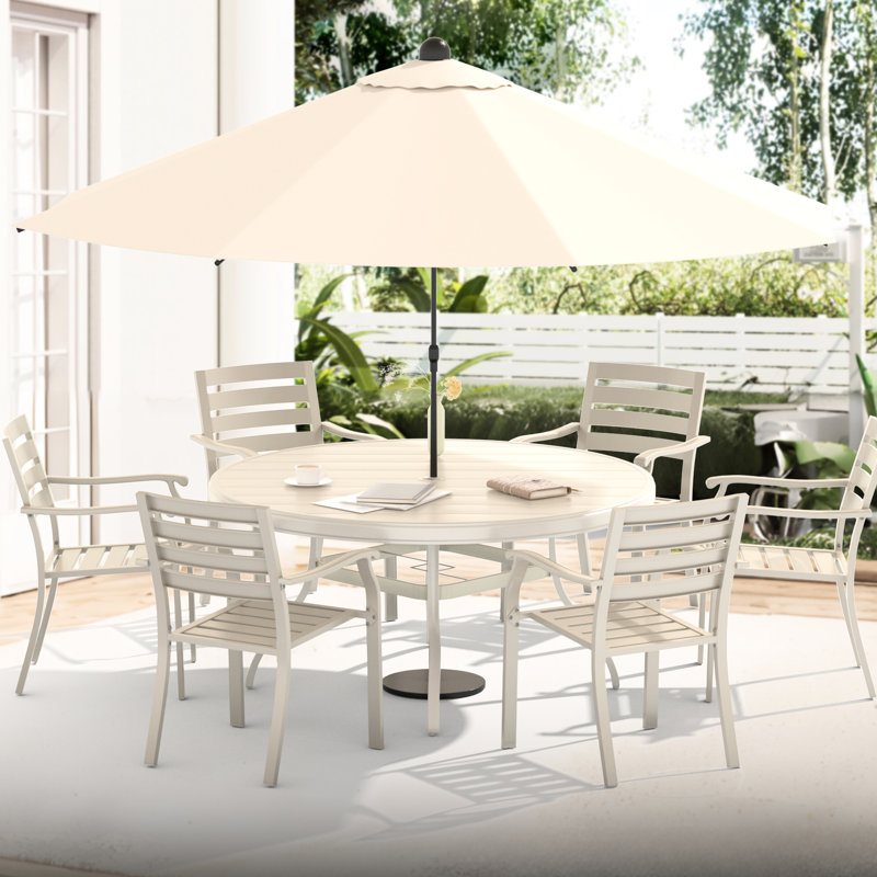 Round All - Weather Outdoor Dining Table For 6 7, Metal With Umbrella Hole, Powder Coating Rust Prevention, Bent Leg Design Style And Balance, Hand Polished Look, 52.72" Dimensions Colored Coated