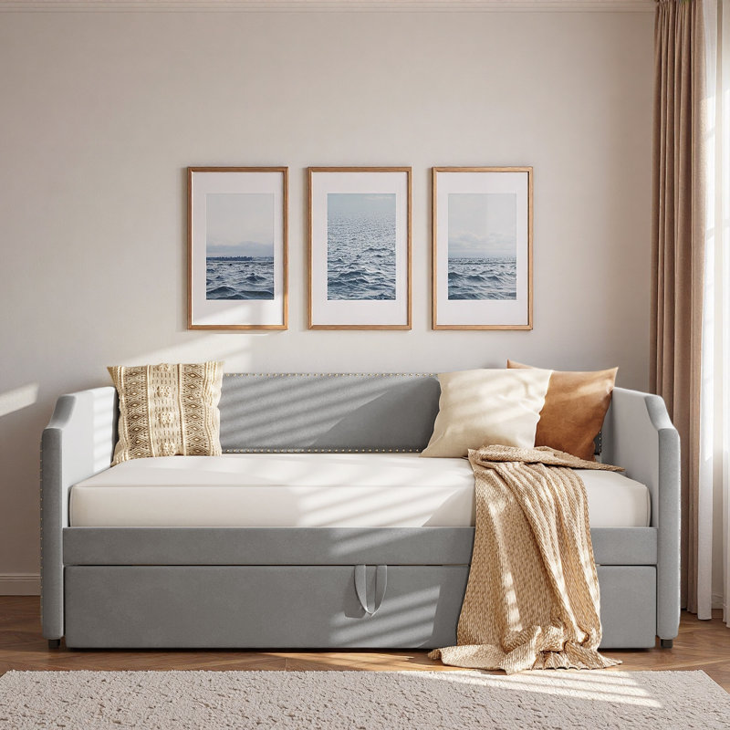 Upholstered Daybed With Pop Up Trundle And Nail Head Decoration, Gray
