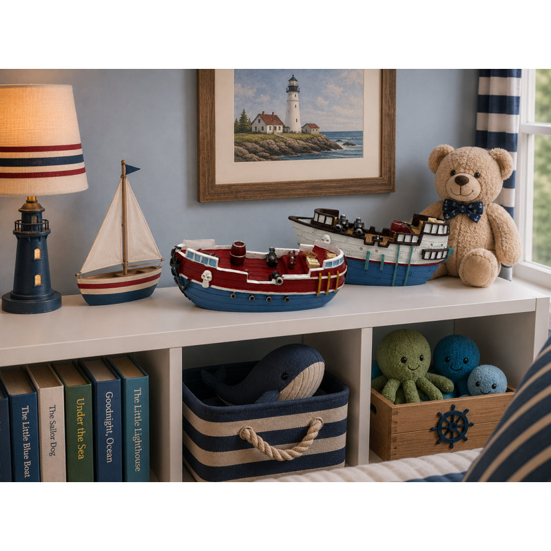 Ensemble de 2 figurines de style bateau assorties, H 3,5 po x l 3,5 po x P 9,4 po, Rouge / blanc / bleu