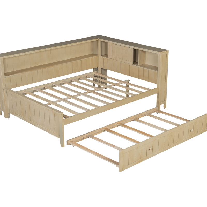 Antique White Milk Finish Full Size Daybed With Trundle And Shelves - Solid Wood Build, For Friends, Storage Items Pine Multi Storage, Supportive Slats