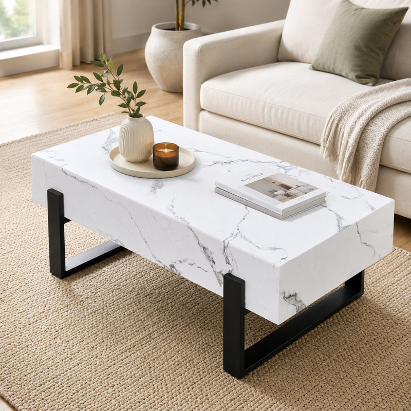 47.2" Modern Rectangular Faux Marble Coffee Table with Metal Legs, Gray, 17.7" H x 47.2" L x 25.2" W