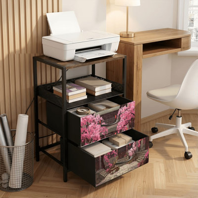 Table de chevet 2 tiroirs avec station de charge, table de chevet pour chambre à coucher avec ports USB, tablette ouverte noire, table de chevet avec imprimé de lanternes de cerisier en fleurs traditionnelles chinoises