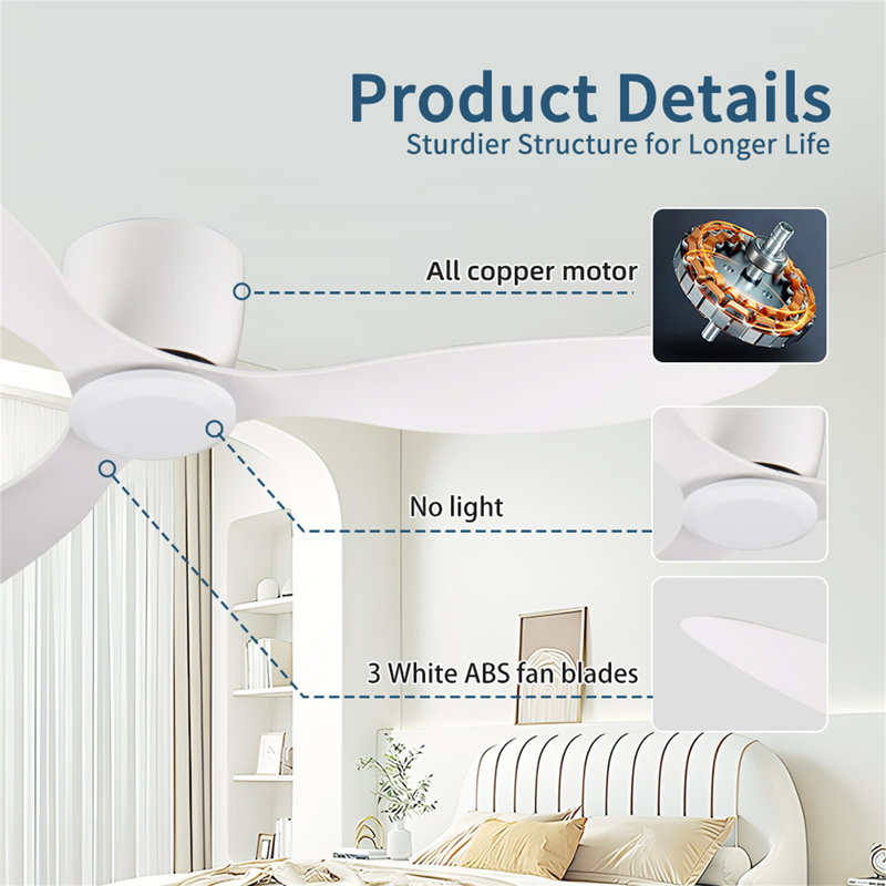 52" Flush Mount White Ceiling Fan Without Light, Ancient White, White