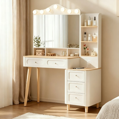 Ensemble de meuble-lavabo blanc avec miroir lumineux pliable à trois côtés, 3 modes d'éclairage réglables, 2 barrettes d'alimentation USB, 2 tiroirs et une commode latérale à 3 tiroirs
