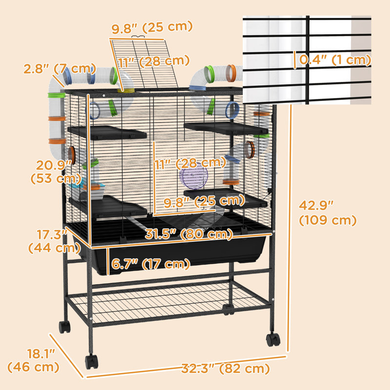 Grande cage à hamster 32 "sur roulettes, cage à rat pour hamster syrien, hamster nain, gerbilles, avec système de tubes, tablette de rangement, roue de course, plat à nourriture, bouteille d'eau