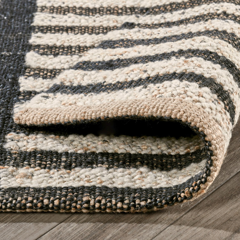 Handmade Black and Natural Wool Striped 8' x 10' Rug