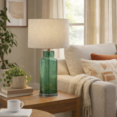 Dibo Table Lamp, 28 Inch, Cylindrical Green Glass Body, Fabric Shade