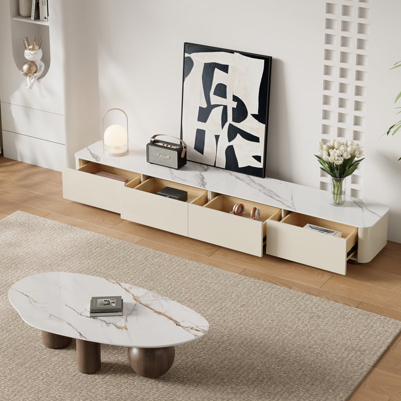 Ensemble de meubles de salon 2 pièces, meuble télé avec rangement et table basse organique avec plateau en pierre frittée