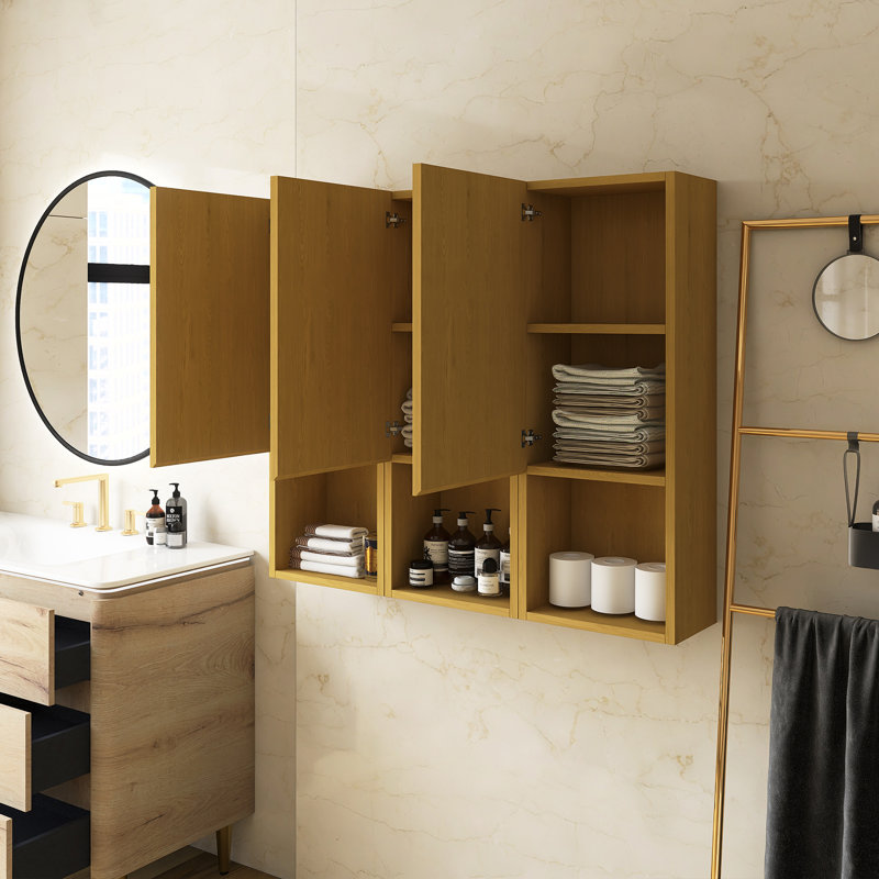 Armoire de salle de bain murale à rayures, avec portes, tablette et compartiment de rangement ouvert, couleur chêne doré