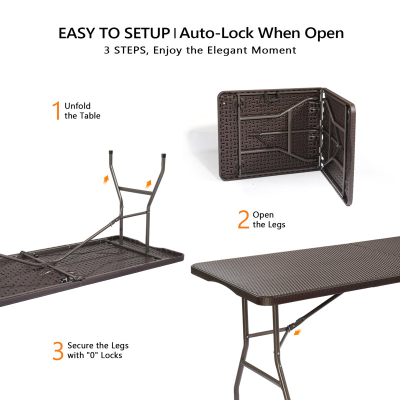 Plastic Rectangular Folding Table Portable Long Table, Brown, 29.13" H x 70.87" L x 29.13" W