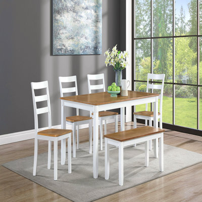 Contemporary 6pc Dining Set Table W 4x Side Chairs And Bench Wooden Seats Chairs Rubber Solid Wood Dining Room Furniture