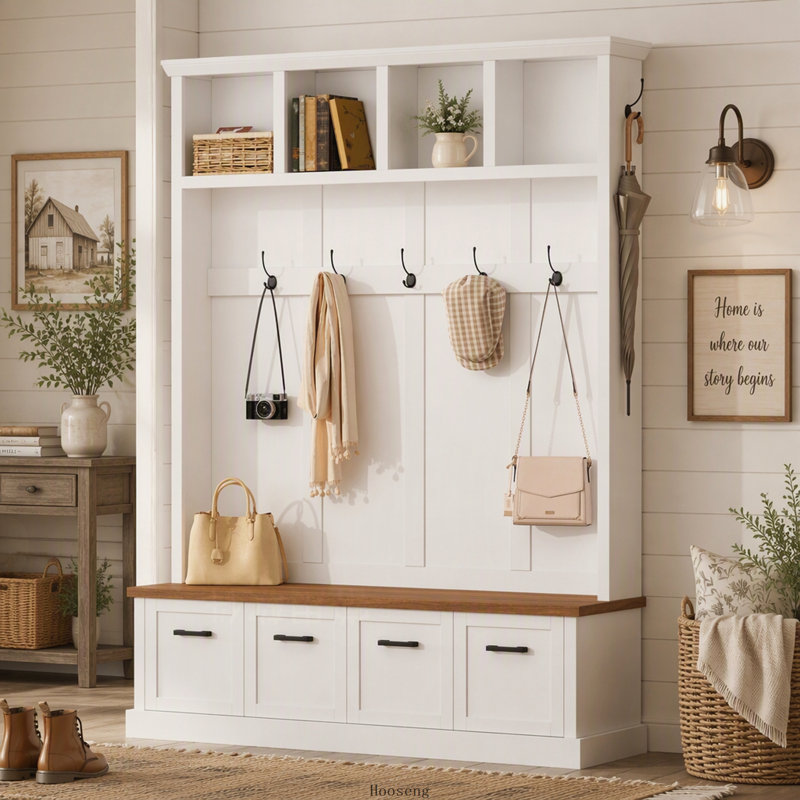 Portemanteau avec banc de rangement Farmhouse, White
