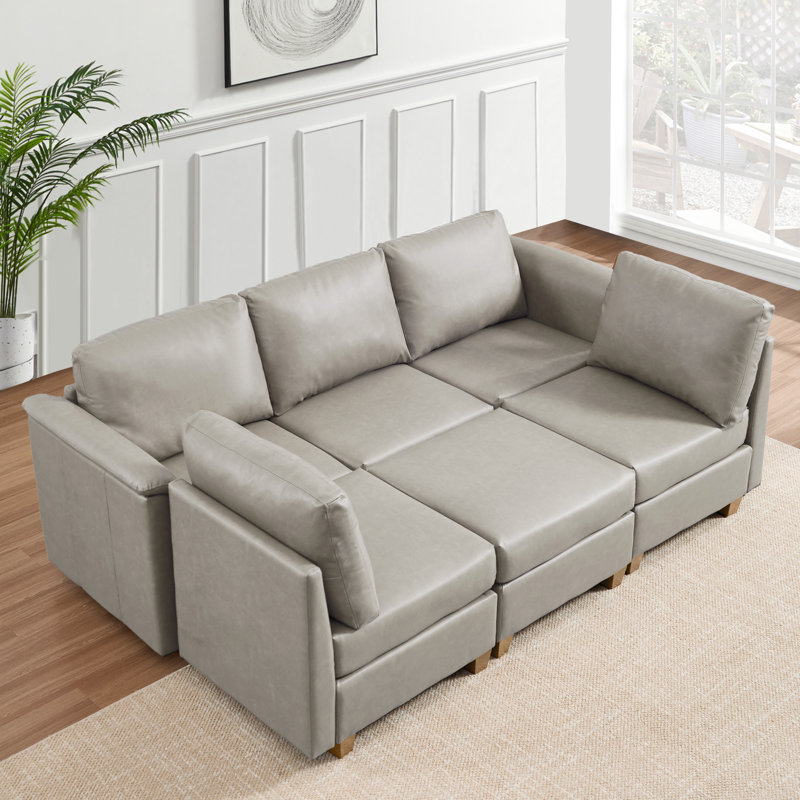 6-Piece Modern Upholstered Sectional Sofa, Beige Faux Leather, Natural