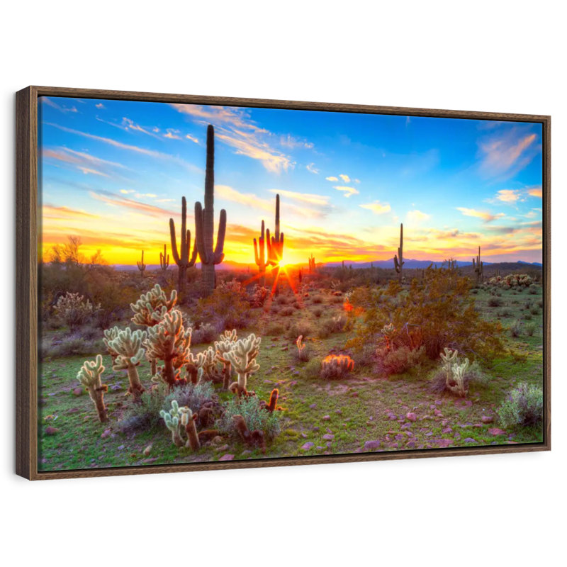 Paysage de désert de Sonora, 37 po x 25 po, Cadre flottant noyer