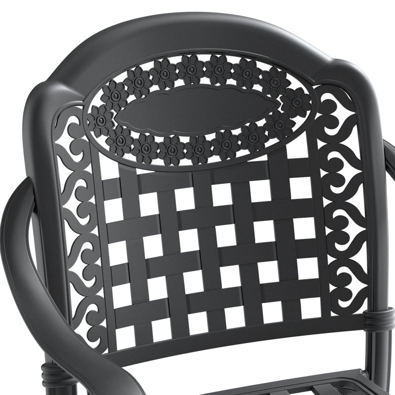 Chaise de patio de 4 pièces en fonte d'aluminium, coussins bleus à structure noire, moulage traditionnel à motif de pétales, thermolaquage et résistance à la corrosion, siège confortable, rangement facile et empilable, protection contre le soleil