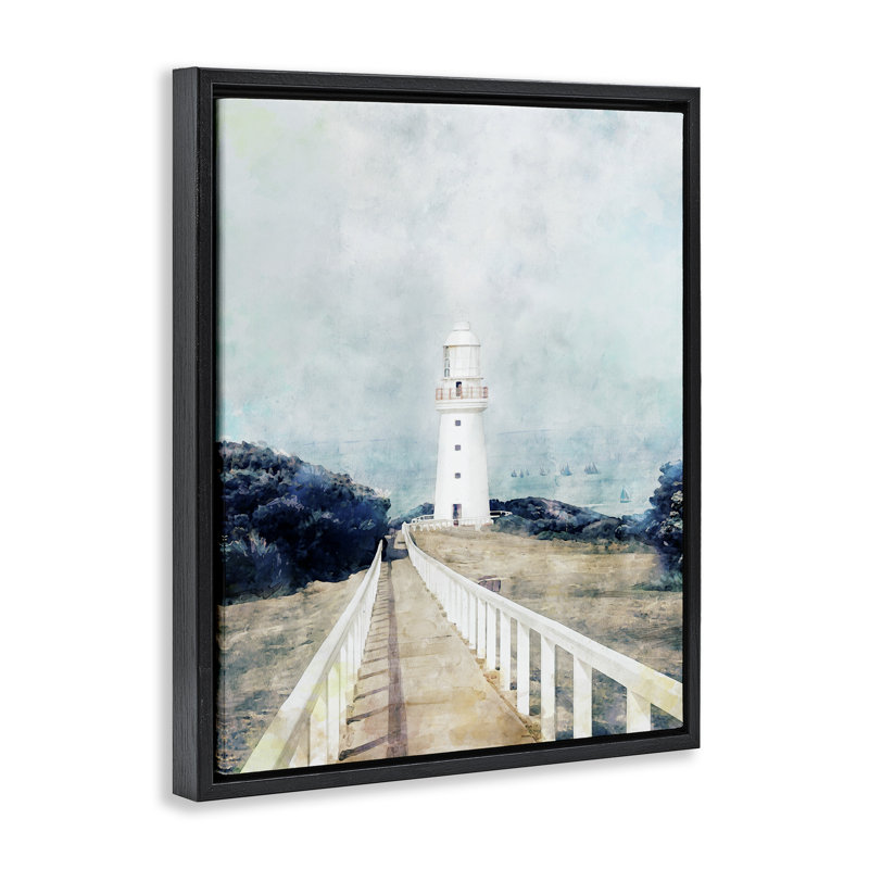 Phare blanc et promenade rustique, Cadre flottant noir de jais, H 21 po x l 17 po
