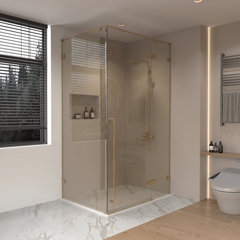 Drew Porte de douche pivotante réversible 45,6po–46po x 79po en or brossé avec verre teinté brun et panneau latéral 30,2–30,5po