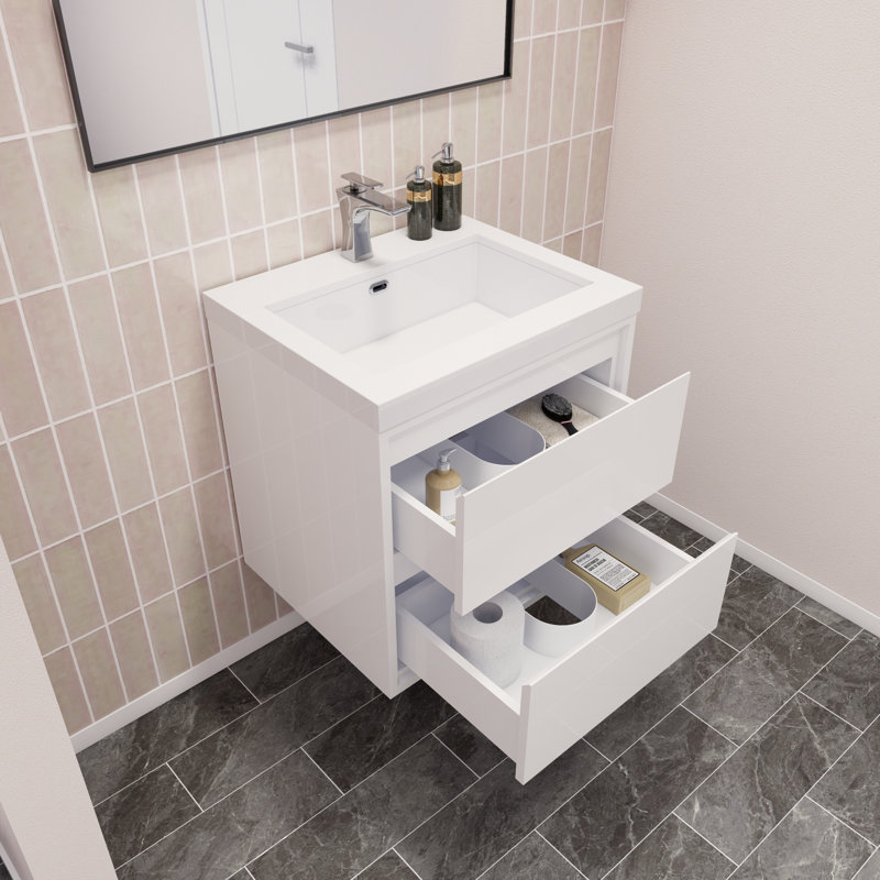 Ensemble de meuble-lavabo simple mural 24 po Azden, Blanc très luisant