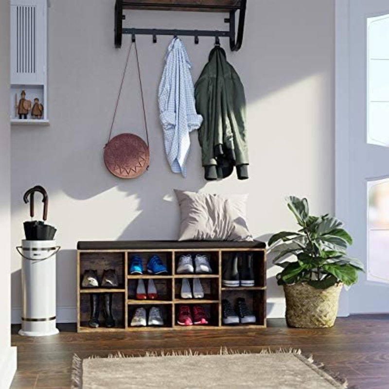 Collection - Banc à chaussures, banc de rangement avec siège rembourré, banc d'entrée avec 10 compartiments, pour chambre, 11,8 x 40,9 x 18,9 pouces, brun rustique et brun châtaignier