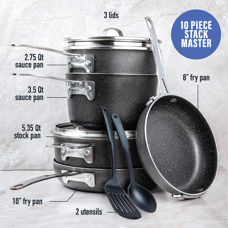 Granitestone Stackable 10 Piece Space Saving Nonstick Cookware Set with Utensils, Oven & Dishwasher Safe