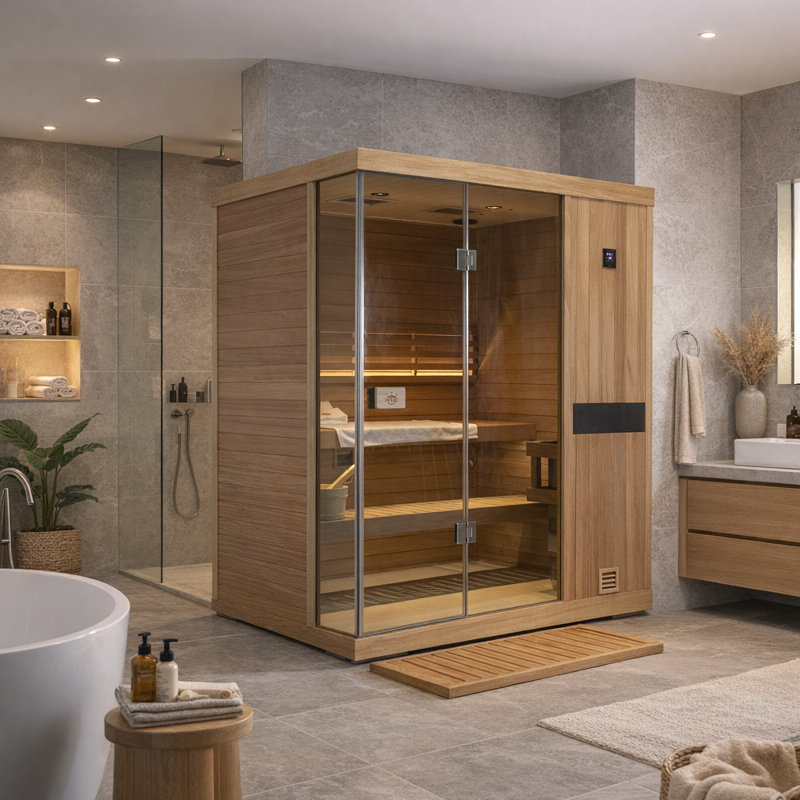 Samsora 3-Person Indoor Steam Sauna 3800W, Red Light Therapy, 95℉-230℉ Temp Range, Mahogany Wood, Built-In Bluetooth Speaker, Includes Sauna Heater and Sauna Stone, Negative Ion Technology