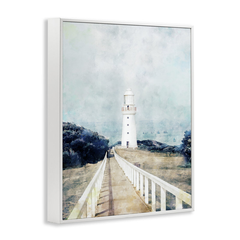 Phare blanc, promenade, Rocky Clif, par Ziwei Li, 926, H 11 po x l 14 po, Estampe numérique encadrée blanc bord de mer
