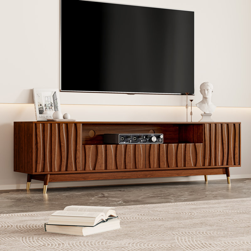Meuble télé 78,7 po en bois cannelé brun avec 2 tiroirs et 2 armoires pour téléviseur 55/58/65/70/75 pouces, console de télévision Mid-Century moderne avec tablette ouverte et géométrique sculptée, console média pour le salon, la chambre à coucher