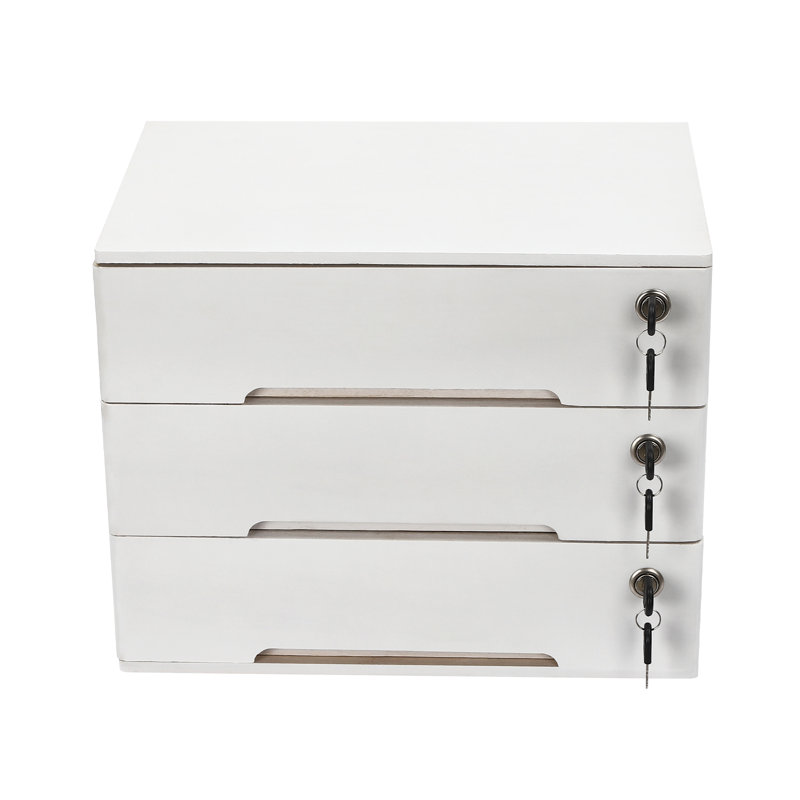 Armoire de rangement en bois 3 niveaux, boîte de rangement de bureau avec tiroirs verrouillables, White