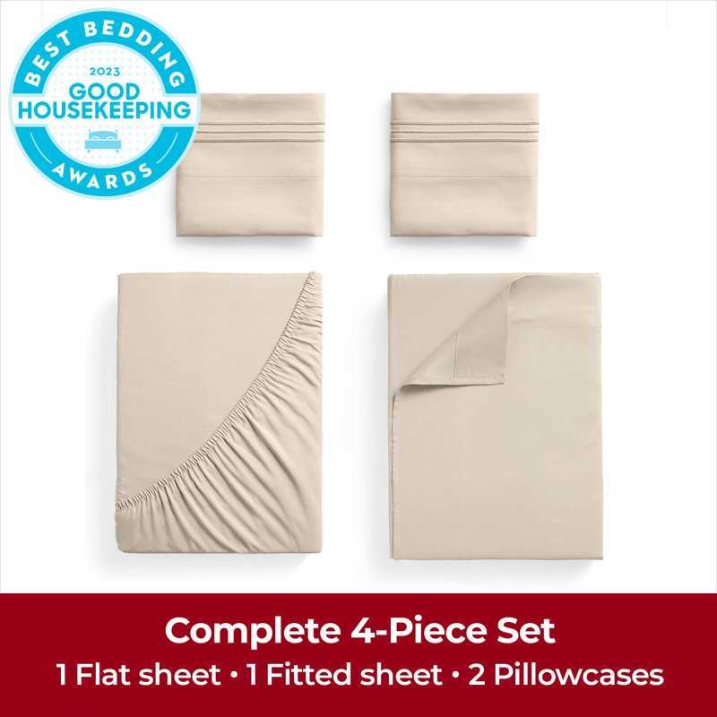Ensemble de draps Mellanni 1800, Ensemble de draps pour grand lit avec 2 taies d'or, Beige