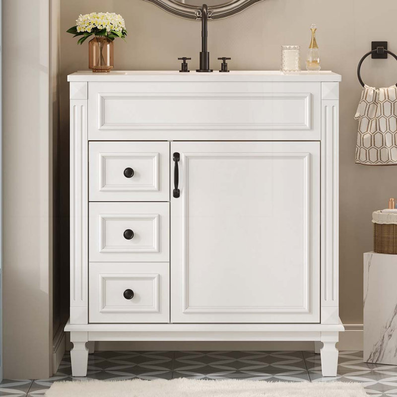 Meuble-lavabo avec lavabo en céramique, armoire avec 2 tiroirs et tablette réglable, Blanc