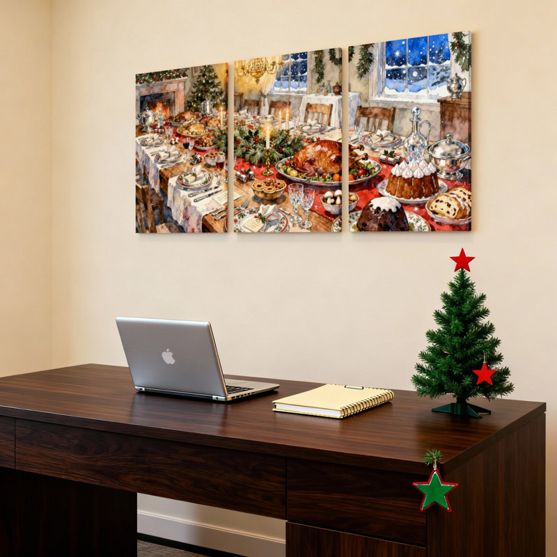 Ensemble de 3 tableaux sur toile représentant une scène de table de Noël, H 18 po x l 36 po