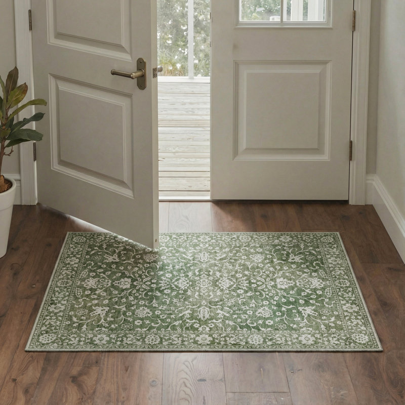 Tapis d'intérieur floral vert / blanc lavable à la machine avec envers antidérapant Aria, Vert, Rectangulaire 8 pi x 10 pi