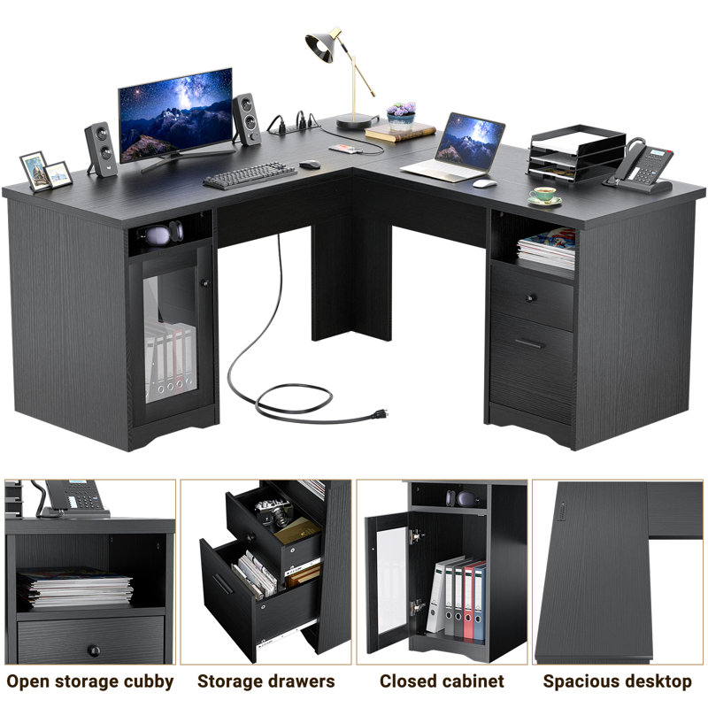 Detcho 60'' L Shaped Executive Desk with Drawers and Power Outlets, Black